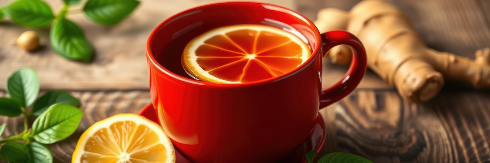 Warm cup of herbal tea with lemon and ginger on wooden table surrounded by fresh mint leaves